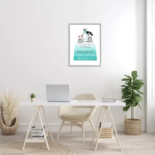 Vista 2 de Stupell Industries Glam Fashion Cosmetics - Librero azul con rosas suaves, diseño de Amanda Greenwood, arte de pared enmarcado gris, 24 x 30
