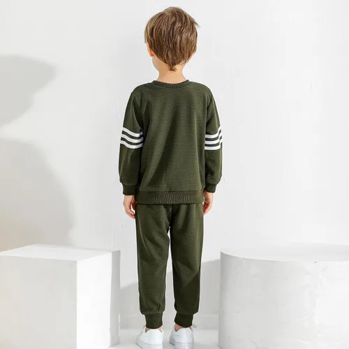 Vista 5 de Conjunto de ropa de otoño para niño pequeño, sudadera con cuello redondo y pantalones a rayas