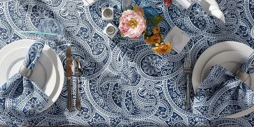 Vista 2 de DII Paisley - Colección de mesas para exteriores, resistente al agua, mantel, 60 pulgadas (redonda), color azul