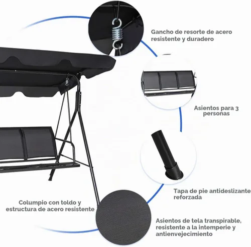 Vista 6 de TANGKULA Columpio de patio para 3 personas, marco de acero con toldo ajustable de ángulo de poliéster, banco de columpio resistente a todo