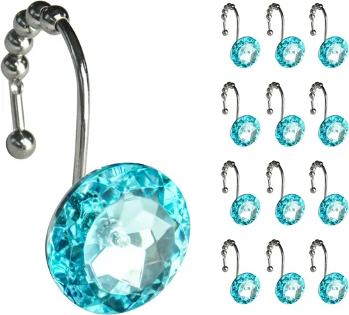 Vista 15 de Sunlit Diseño de Lujo Redondo Aqua Azul Diamante Cristal Gema Bling con Bolas Deslizantes Ganchos para Cortina de Ducha, Anillos para Cortina