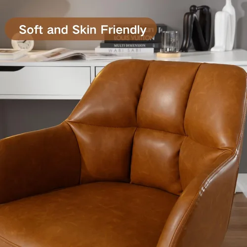 Vista 5 de Silla de oficina en casa marrón con ruedas, silla ajustable para computadora, silla de escritorio giratoria con respaldo medio, silla tapizada