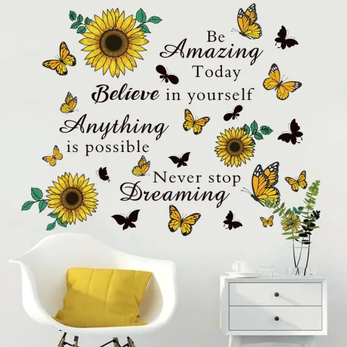 Vista 4 de Calcomanías de pared con cita inspiradora de girasol, refranes positivos extraíbles para aula, hogar, dormitorio, oficina, decoración artística