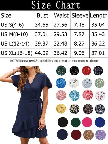 Vista 6 de Naggoo - Vestido de verano con diseño cruzado, cuello en V, estampado de lunares o floral, volantes, manga corta, cinturón, corto, para mujer