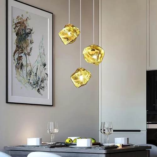 Vista 8 de Modernas luces colgantes doradas para isla de cocina, mini lámparas colgantes de vidrio, lámpara creativa de imitación irregular con forma de piedra