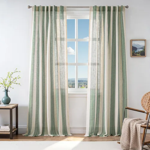 Vista 10 de DriftAway Cortinas de estilo granja con rayas verticales de lino mezclado texturizado con filtro de luz semitransparente para sala de estar