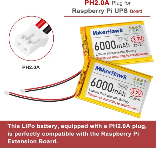 Vista 2 de MakerHawk Batería LiPo de 3.7V 6000mAh recargable 1S 3C 906090 Batería de polímero de litio con placa de protección, cinta de goma aislada, enchufe