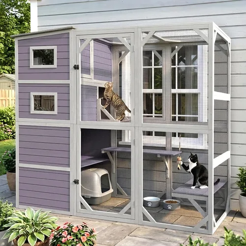 Vista 5 de Gran recinto para gatos Catio al aire libre, resistente a la intemperie, con techo impermeable, múltiples plataformas, hamaca para cueva de gato