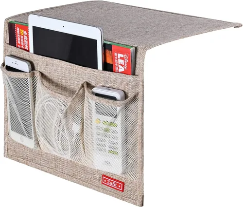 Vista 2 de Zafit Organizador de cama de lino con 4 bolsillos, organizador de almacenamiento para revistas, mandos a distancia, teléfono