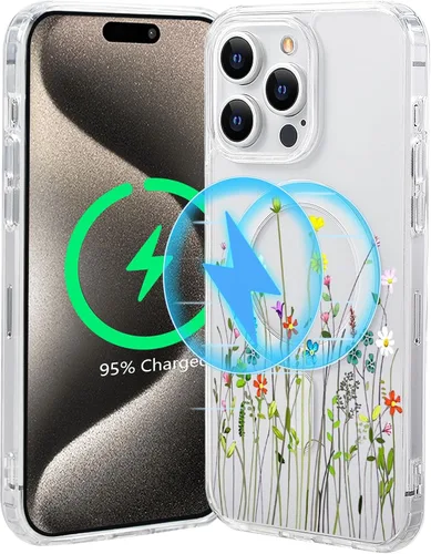 Vista 62 de Funda magnética de flores para iPhone 15 [compatible con MagSafe] Bonito patrón floral transparente a prueba de golpes