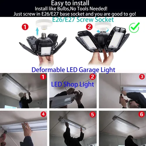 Vista 4 de Luces LED de garaje, diseño deformable con paneles ajustables, 150 W, 15000 lúmenes, 6500 K, base de tornillo E26/E27, iluminación súper brillante