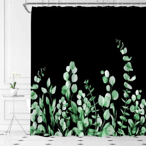 Vista 10 de Cortina de ducha floral negra elegante tulipán negro blanco y negro, diseño moderno de impresión artística única, juego de decoración de baño