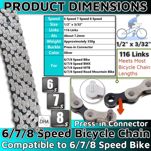 Vista 3 de Cadena de bicicleta de 6/7/8 velocidades 1/2" x 3/32" 116 eslabones Cadena BMX Cadena de bicicleta de 7 velocidades Cadena de 8 velocidades Cadena