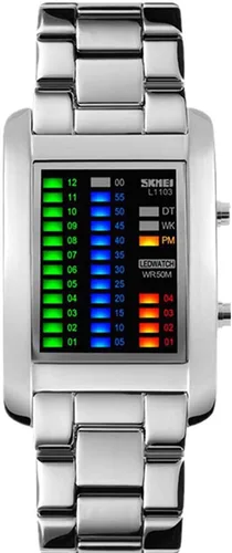 Vista 7 de MASTOP Reloj digital digital para hombre, diseño de matriz binaria creativa, resistente al agua, de acero inoxidable, de plata militar Negro