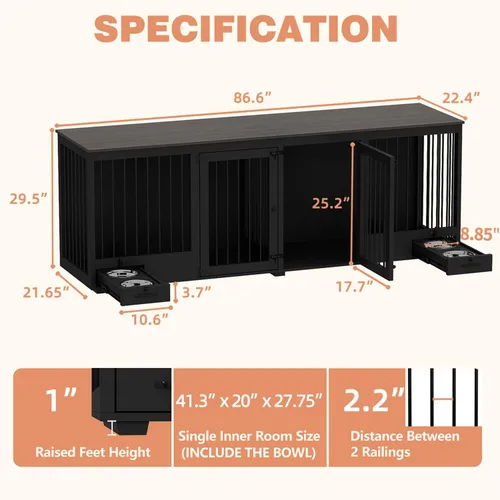 Vista 2 de Mueble estilo jaula para perros grande para 2 perros, perrera de madera resistente de 86.6" con cajones y divisor para comedero de perros, perrera