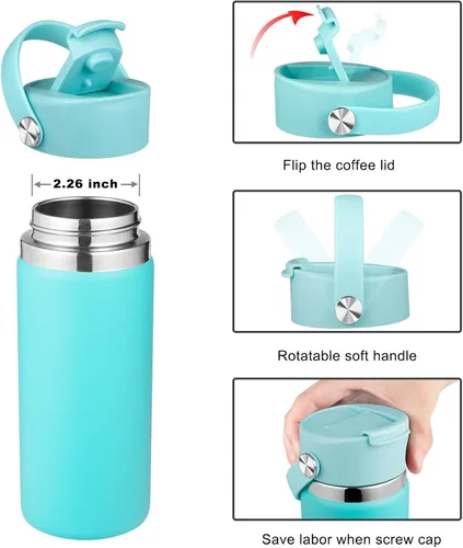 Vista 2 de FLORAPELL Tapa compatible con Hydro Flask de boca ancha de 12, 16, 18, 20, 32, 40 onzas, tapa abatible de repuesto con mango de correa flexible