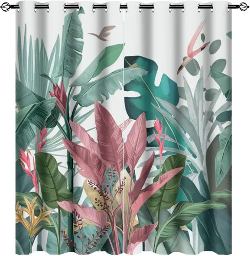 Vista 16 de Cortinas abstractas de hojas tropicales, acuarela tropical, hojas de palma, verano hawaiano, plátano, aislamiento térmico, cortinas completas