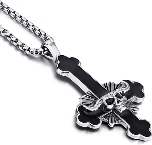 Vista 4 de ELFASIO Collar de cruz invertida de acero inoxidable para hombres y mujeres, diseño de cruz del diablo, cadena con colgante de cruz satánica al