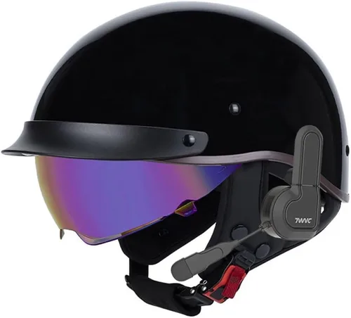 Vista 6 de Casco de motocicleta con Bluetooth, estilo alemán, casco abierto, aprobado por DOT, micrófono con altavoz integrado con visera retráctil