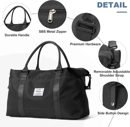 Vista 6 de Bolsas de lona de viaje, bolsa de fin de semana para mujer con bolsillo húmedo y bolsa de aseo personal, bolsa de viaje para gimnasio, Negro