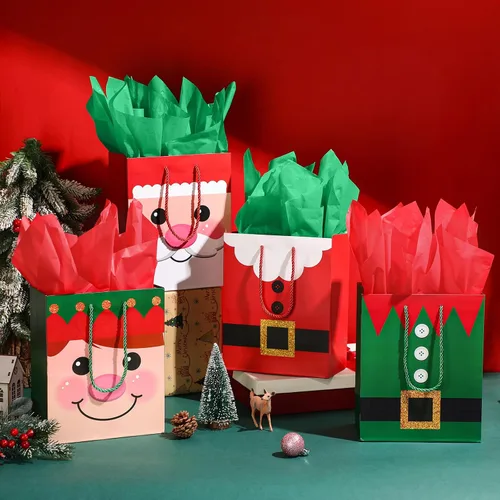 Vista 5 de Cholemy 16 piezas de bolsas de regalo de Navidad medianas gruesas con papel de seda, bolsas de papel kraft de Navidad con asas para envolver regalos