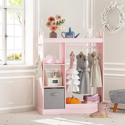 Vista 6 de UTEX Armario guardarropa para niños con espejo y contenedor de almacenamiento, rosa, 33.4 pulgadas de ancho x 15.75 pulgadas de profundidad x 44.5