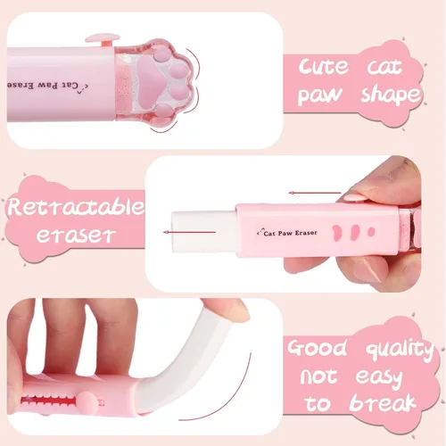 Vista 3 de 2 sacapuntas con diseño de pata de gato y 2 borradores retráctiles, diseño kawaii de gato, sacapuntas manual para niños, borradores estéticos