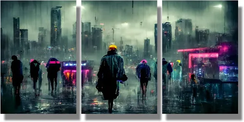 Vista 18 de Lienzo decorativo para pared, diseño de ciudad futurista Cyberpunk para sala de estar, impresión multipanel, obra de arte de cocina, pintura