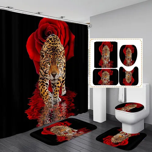 Vista 15 de Juego de 4 cortinas de ducha con diseño de rosa azul y leopardo con alfombras, tapa de inodoro y tapete de baño, cortina de ducha azul con 12