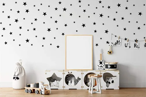 Vista 2 de Calcomanías de estrella negra para decoración de guardería, calcomanías removibles para despegar y pegar, calcomanías de vinilo para decoración