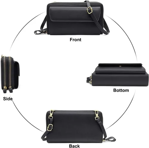 Vista 4 de Cartera de cuero para mujer con doble cremallera y correa para el hombro