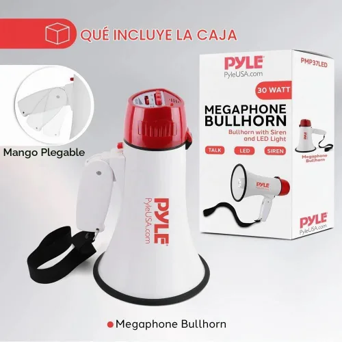 Vista 7 de Pyle 30W Megaphone Bullhorn with Built-in Siren, LED Lights, Adjustable Volume Control, 800-Yard Range, Lightweight & Portable - Ideal for Football