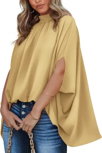 Vista 102 de BTFBM Blusas de verano para mujer, cuello alto falso, manga murciélago, holgadas, dobladillo alto y bajo, blusas informales de gran
