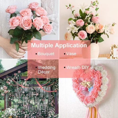 Vista 7 de Flores de rosas artificiales rosas, 56 piezas de espuma con tallo doblable y hojas extraíbles, decoración de rosas de tacto real para bodas, ramos
