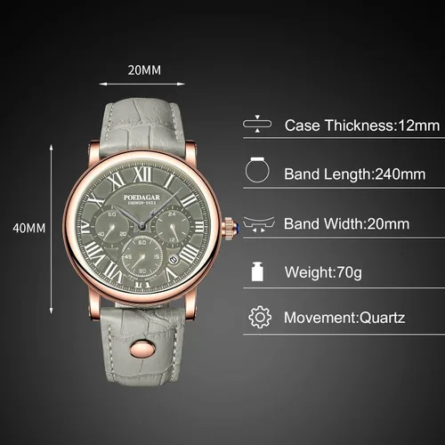 Vista 4 de RORIOS Reloj cronógrafo para hombre con correa de cuero, analógico, de cuarzo, para negocios, impermeable, para hombre
