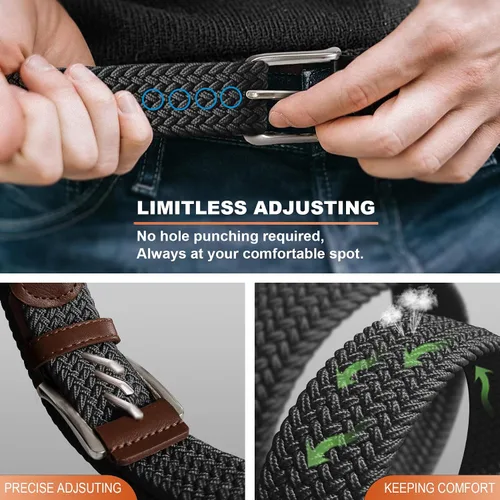 Vista 4 de Cinturón de golf para hombre, 2 unidades, cinturón elástico trenzado de 1 3/8 pulgadas, en caja de regalo para jeans casuales, deportes y trabajo