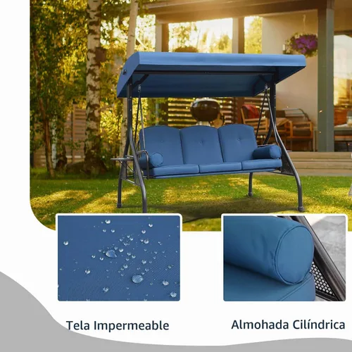 Vista 6 de Columpio NOBLEMOOD para porche de 3 asientos con toldo ajustable y bandejas laterales Azul