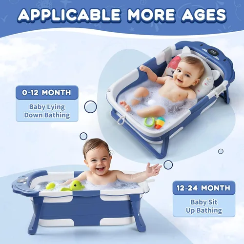 Vista 2 de Bañera para bebé, bañera plegable para bebé con termómetro y cojín flotante suave, bañeras portátiles de viaje para bebés para recién nacidos a Gris