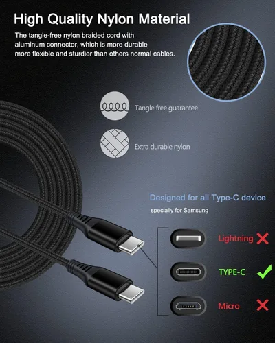 Vista 4 de Cargador rápido tipo C para Samsung Galaxy A17 A16 A15 5G A14 S24 S23 A25 A57 20W PD Wall Plug+30W Car Adapter+60W C to USB-C Cables-6Ft for