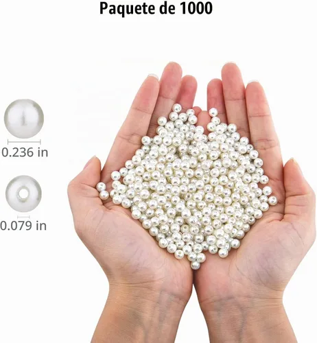 Vista 3 de Hapeper Paquete de 1000 cuentas de perlas de plástico de 0.236 pulgadas, perlas artificiales redondas con agujero para manualidades, joyería Beige