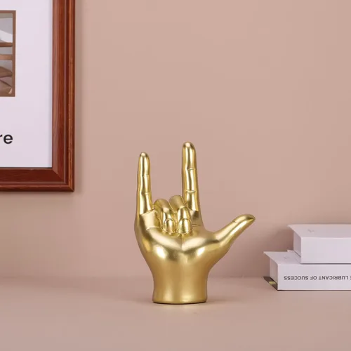 Vista 3 de DOVDOV Estatua de gesto "I Love You", detalles dorados para decoración del hogar, decoración de escultura de mano de arte moderno, oficina, boda