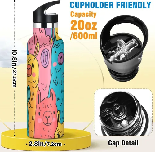 Vista 2 de Botella de agua con aislamiento deportivo ligero de alpaca de color lindo de dibujos animados con asa caliente y fría de doble pared para bicicleta