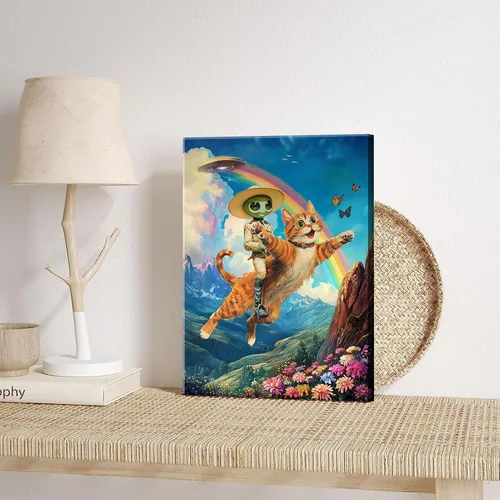 Vista 6 de Lienzo de paisaje victoriano OVNI para pared, diseño divertido de alienígena montando un gato, cuadros eclécticos de gato, póster impreso