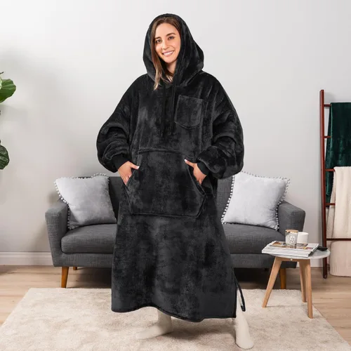 Vista 4 de PAVILIA Manta con Capucha para Mujeres, Manta Sherpa Usable para Hombres, Sudadera Cálida de Gran Tamaño, Manta con Capucha y Suéter, Negro