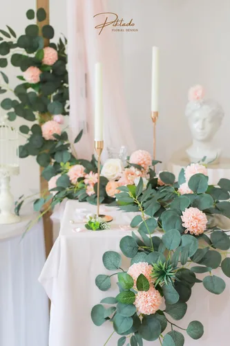 Vista 4 de Flores de dalia de imitación para boda, 25 rosas rosadas con tallos para decoración de boda, centro de mesa, arreglo de ramo (rubor)
