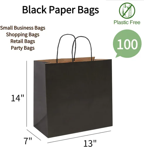 Vista 2 de COGLARING Bolsas de regalo negras con asas, paquete de 100 unidades de 13 x 7 x 14 pulgadas para compras, venta al por menor, embalaje de mercancía
