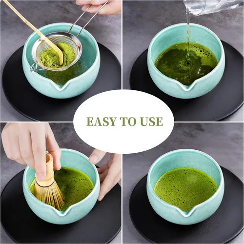 Vista 4 de YIBO Matcha Whisk Set, Matcha Kit Bamboo Whisk and Ceramic Bowl with Spout & Measuring Spoon & Cup, Japanese Ceremony Matcha Tea Making Tools Blue