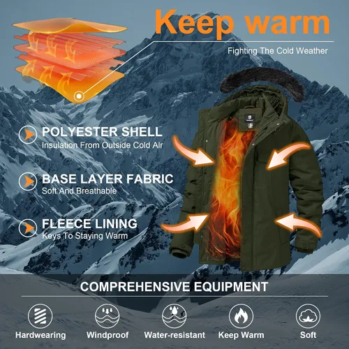 Vista 3 de CHEXPEL Abrigo de invierno para hombre, chaqueta de parka hinchada con capucha de piel, impermeable y resistente al viento, largo con forro polar