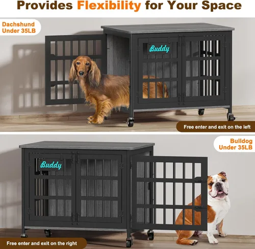 Vista 5 de EasyCom 33"/27" Mueble de jaula para perros con etiqueta de nombre, perrera para perros de uso interior resistente para perros medianos y pequeños