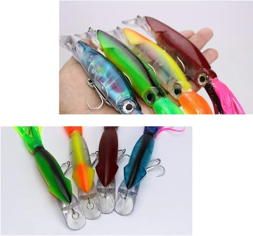 Vista 5 de 4Pcs Large Simulation Squid Fishing Lures Bait Kit,3D Holographic Eyes，Built-in Multicolored Lead Blocks Through Heavy Duty ，Stable and Tempting